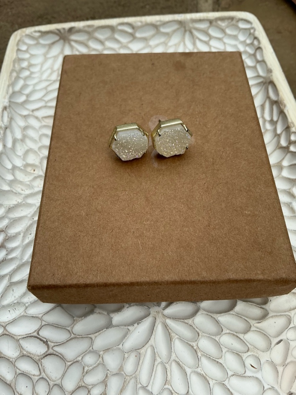 Kendra Scott Gold Hexagon White Druzy Stud Earrings
